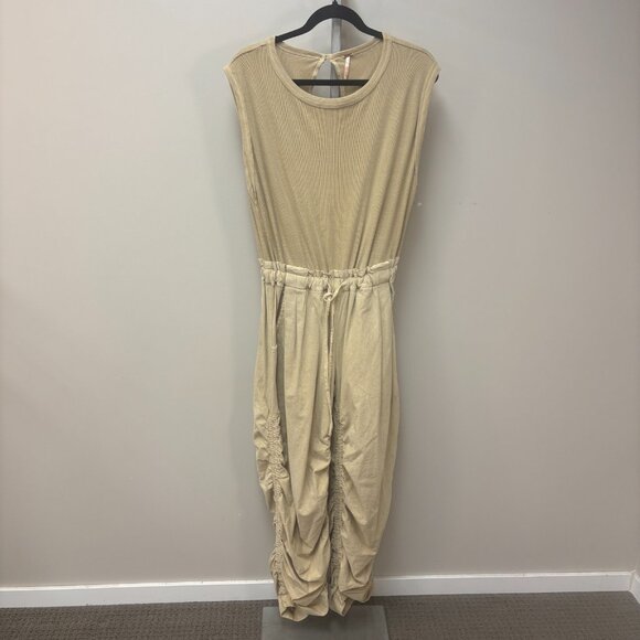 Free People Mixed Media One Piece Beige Sleeveless Jersey Knit Top Ruched Leg - Picture 1 of 14